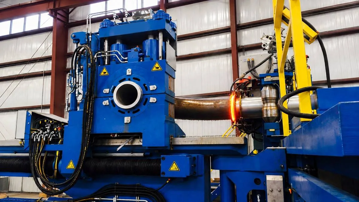 A Cojafex induction bending machine on the American Pipe Bending shop floor, the induction coil glowing orange around a length of pipe