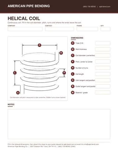 Template for specifying a helical coil, with pitch, coil diameter and number of turns